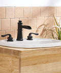 Widespread Matte Black Bathroom Faucet With Pop Up Drain For 3 Hole Install Two Handle Waterfall Lavatory Tap Includes Supply Hose
