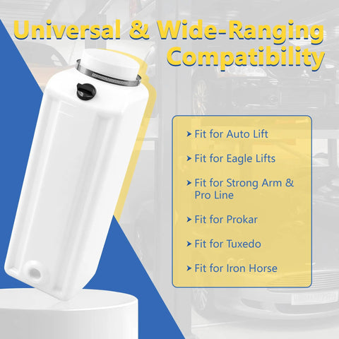 Oil Reservoir Tank With Hose Clamp And Wrench Tool Compatible With Duro Power Units Replacement For Eagle Lifts Auto Lift Heavy Duty Build Strong Arm Iron Horse Tuxedo Lift Fits Most 2 Post And 4 Post Lifts Up To 12,000 Lb Capacity. Universal compatibility information displayed.