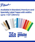 Two Pack Half Inch By Twenty Six Feet Laminated Label Tape Black On White, various label tape widths displayed.