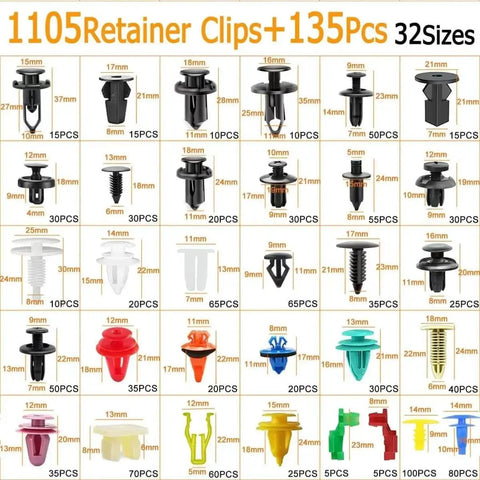 Massive 1240Pcs Car Retainer Clips And Fasteners Kit With 32 Universal Sizes display showing various clip sizes and quantities