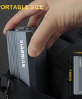 Person holding Compact 76 In 1 USB Charged Electric Screwdriver Kit with dimensions indicated, portable size