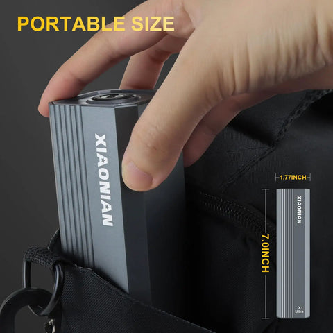 Person holding Compact 76 In 1 USB Charged Electric Screwdriver Kit with dimensions indicated, portable size