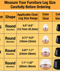 Size chart for round silicone chair leg protectors, XS to L, clear and black options, for ordering Silicone Chair Leg Protectors Set.