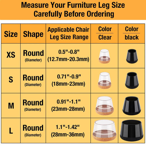 Size chart for round silicone chair leg protectors, XS to L, clear and black options, for ordering Silicone Chair Leg Protectors Set.