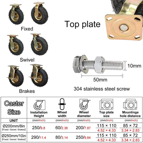 Premium Pneumatic Rubber Caster Wheels Featuring Heavy Duty Swivel Brakes For Back Breaking Carts And Tool Dollies Gotta Roll Slick Outdoors with 8 and 10 inch sizes.