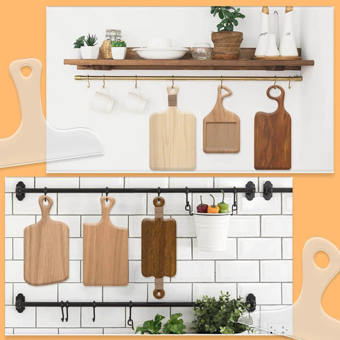 Eight Piece Router Templates Set For Woodworking And Charcuterie Boards, Six Charcuterie Board Templates displayed on a kitchen wall