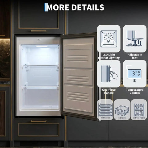 3.1 Cu Ft Upright Freezer With Sleek Stainless Steel Finish, Single Door Freestanding Design Saves Space, Mechanical Thermostat Keeps Things Chilled, Adjustable Shelves Make Organization A Breeze, Perfect For Loading Up On Meat And Ice Cream, interior view with LED light, adjustable foot and controls.