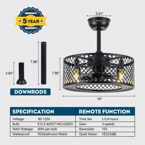 Dope Caged Ceiling Fan With Lights Remote Control, Industrial Enclosed Blades, Reversible Motor, 3 Speeds, 18 Inch Black Fixture For Living Room, Bedroom, Kitchen Island, Dining Room