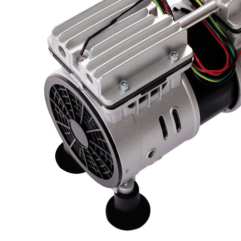 Heavy Duty Dual Cylinder Oil Free Vacuum Pump With Slick 110V Copper Motor 1440RPM showing motor and cooling fins.