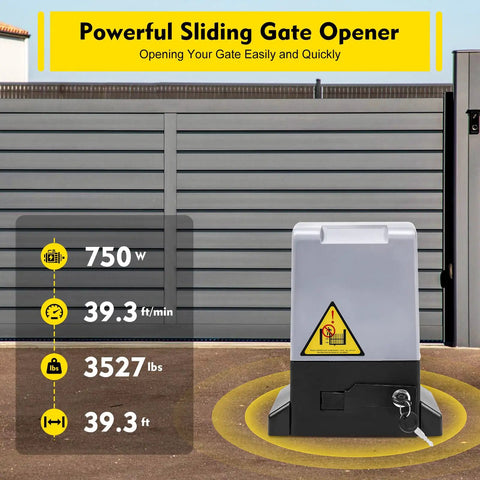 Heavy Duty Automatic Sliding Gate Opener Kit With 750W AC Motor And Two Remotes For Quick Smooth Driveway Access Built In Safety Features Auto Locking Supports Up To 2000kg 4400lb US Stock next to a closed metal gate
