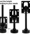 8 Pack Heavy Duty Adjustable Leveling Feet Set With Screws Lock Nuts And Wrench For Workbenches Cabinets Tables Shelves And Furniture Stable Level Anti Slip Pads Easy To Install, showing three black adjustable feet with measurements.