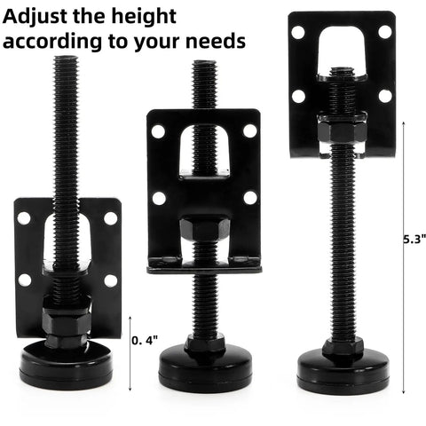 8 Pack Heavy Duty Adjustable Leveling Feet Set With Screws Lock Nuts And Wrench For Workbenches Cabinets Tables Shelves And Furniture Stable Level Anti Slip Pads Easy To Install, showing three black adjustable feet with measurements.