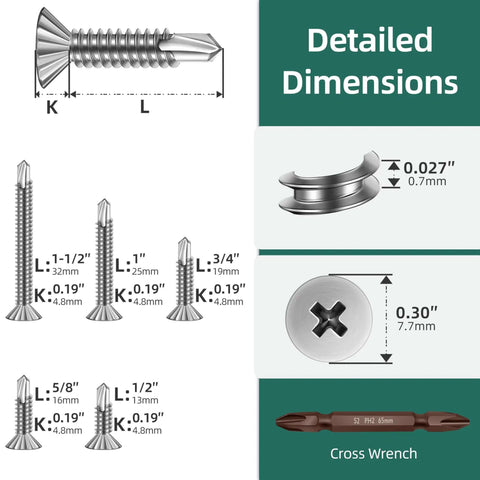 110 Pcs Number Eight Self Tapping Screws Kit For Metal With Serrated Flat Head Self Drilling Sheet Metal Screws 410 Stainless Steel