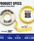 Heavy Duty Gas Pipe Thread Seal Tape PTFE Yellow Teflon Tape for Gas Fittings 260 Inch Length Half Inch Size product image