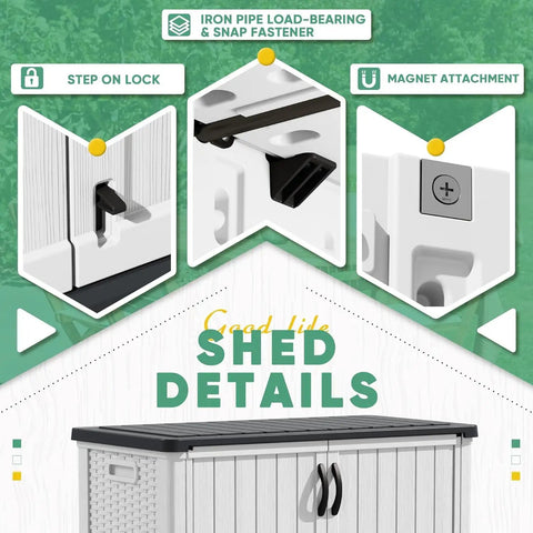 Detailed view of storage options for All Weather Resin Outdoor Storage Cabinet Set, 26 Cu Ft Waterproof Shed for patio tools, white.