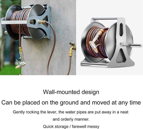 No Fuss Stainless Steel Garden Hose Reel Slick Wall Mounted Retracting Cart With 30 Foot Hose on wall with lever and sprayer.