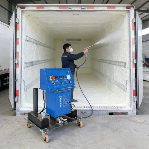 Top Tier Portable Polyurea And Polyurethane Spraying Machine For Efficient PU Foam Insulation Coating in action inside a truck.