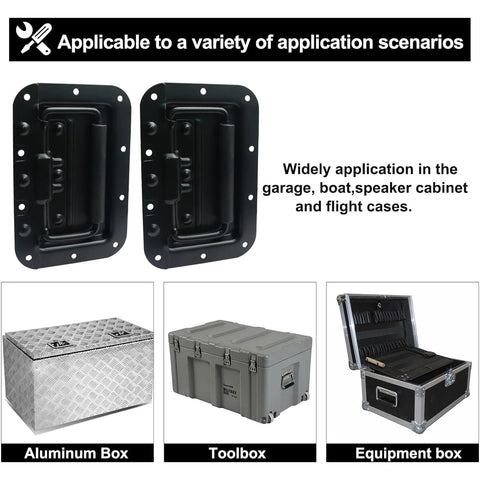 Two Pack 6.34 Inch Recessed Spring Loaded Chest Handles with Rubber Grip for Trunks, Crates and Storage Boxes Surface Mount Black Iron Anti Rust Coated Durable Hardware for Heavy Duty Use with Long Service Life.