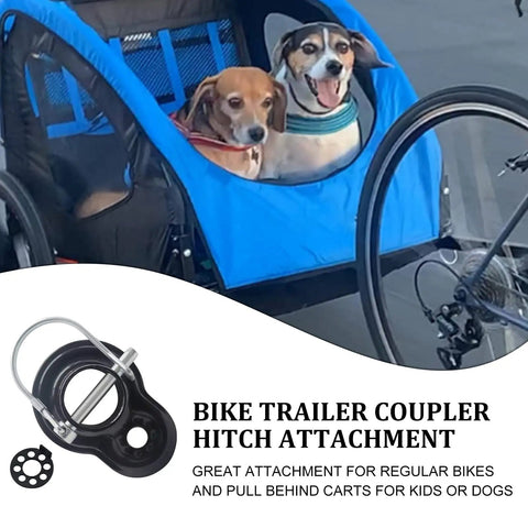 Universal Bike Trailer Coupler Hitch Attachment for Flat and Angled Mounts securing a dog trailer to bicycle, includes washer