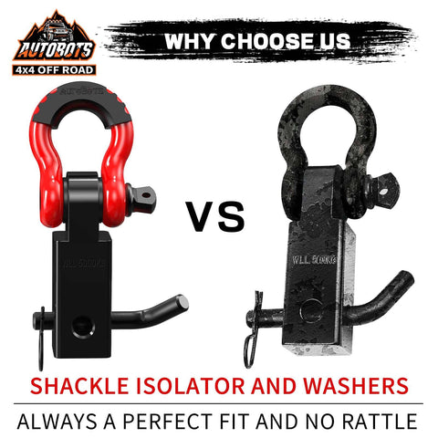Red and black 2 Inch Tow Hitch Receiver With Three Quarter Inch D Ring Shackle, 45,000 lb strength vs older model.