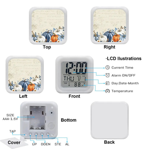 Real Deal Cube Digital Alarm Clock Straight Up Showcasing A Fresh Seven Color Led Night Light With Chill Thanksgiving Pumpkin Vibes Plus Handy Snooze Feature And Time Date Temp Readout For Desk top, left, right, front, bottom, and back views.