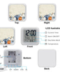 Chic Blue Pumpkin Digital Alarm Clock With Fall Leaf Texture Silent Snooze Button warm nightlight front view showing time and temperature.