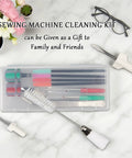 15 Piece Sewing Machine Cleaning Kit With Screwdriver, Tweezers, Double Headed Brush, Silicone Brush, Rippers, And Storage Case displayed on table.