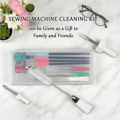 15 Piece Sewing Machine Cleaning Kit With Screwdriver, Tweezers, Double Headed Brush, Silicone Brush, Rippers, And Storage Case displayed on table.