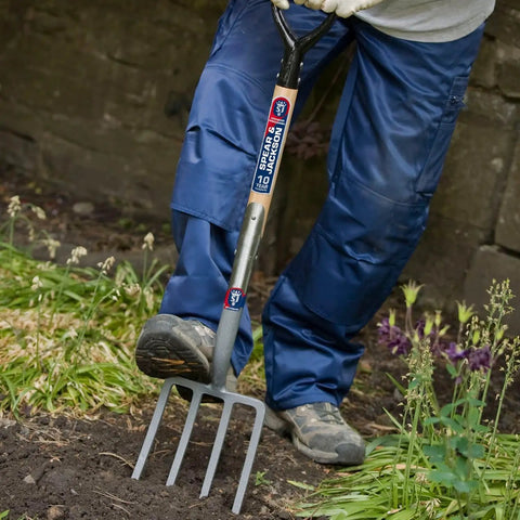 Person using a Heavy Duty Digging Fork With Forged Carbon Steel Tines For Tough Soil Aeration And Cultivation in a garden.