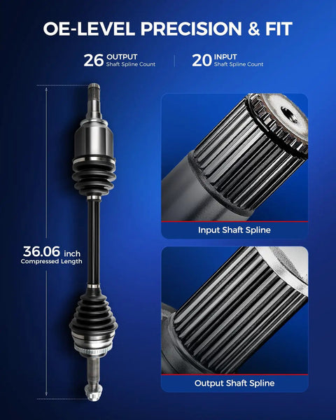 Front Driver Side CV Axle Shaft Straight Bolt On Replacement For Toyota Corolla And Pontiac Models showing input/output shaft splines.