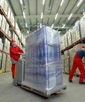 Workers handle pallets wrapped in Industrial Strength 18 Inch Stretch Film Wrap Roll Set For Moving And Packing in warehouse.