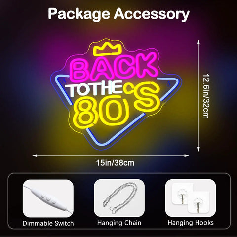 Back to the 80s LED neon sign with dimmable switch, 15x12.6 inches, colorful glow with hanging chain and hooks included