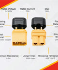 Product diagram showing specifications of XT60 Upgrade 24 Pair Battery Connectors Set For RC, Male And Female Bullet Plugs With 48 Sleeves.