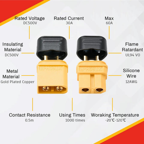 Product diagram showing specifications of XT60 Upgrade 24 Pair Battery Connectors Set For RC, Male And Female Bullet Plugs With 48 Sleeves.