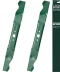 21 Inch Mulching Mower Blades Replacement Set Spare 2 Pack For Troy Bilt Mowers Replaces 942 0741A And Similar OEM Parts Heavy Duty Steel Easy Install For A Smooth Clean Cut. Two green steel 21-inch mower blades in package