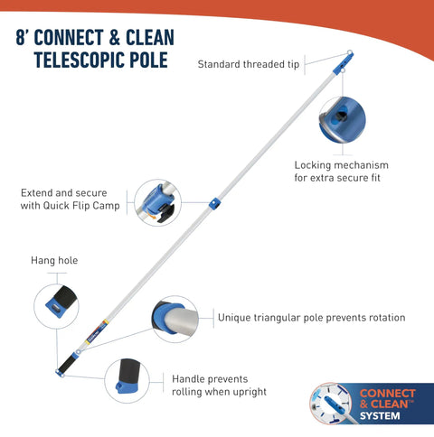 2 In 1 Squeegee And Scrubber Window Cleaning Tool With 14 Inch Blade And 8 Foot Connect And Clean Pole For Streak Free Glass Cleaning At Home Or Pro Jobs Microfiber Sleeve, telescopic pole detail
