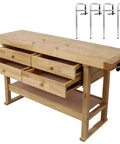 Sixty Inch Heavy Duty Wooden Workbench Featuring Four Deep Drawers For Garage Workshop And Home Use Paired With A Hella Tough Pack Of Four 12 Inch Bar Clamps Drop Forged Steel Welding Table Ready with four drawers and clamps.