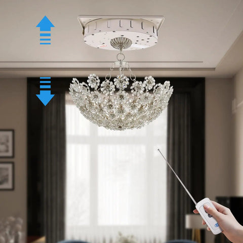 Heavy Duty Electric Chandelier Winch Hoist With Remote And Wall Switch Smooth Lifting System For Pendant Lights raising a crystal chandelier.