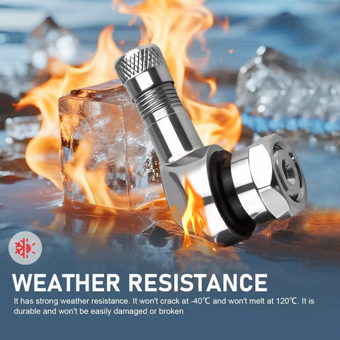 Two Pack CNC Aluminum Motorcycle Tire Valve Stems 90 Degree Air Stems Universal For Tubeless Tires shown with ice and fire.