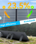 200W Portable Solar Panel For Off Grid Power showing foldable kickstand, lightweight build, high efficiency on rocky terrain.