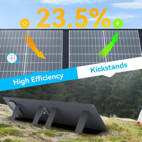 200W Portable Solar Panel For Off Grid Power showing foldable kickstand, lightweight build, high efficiency on rocky terrain.