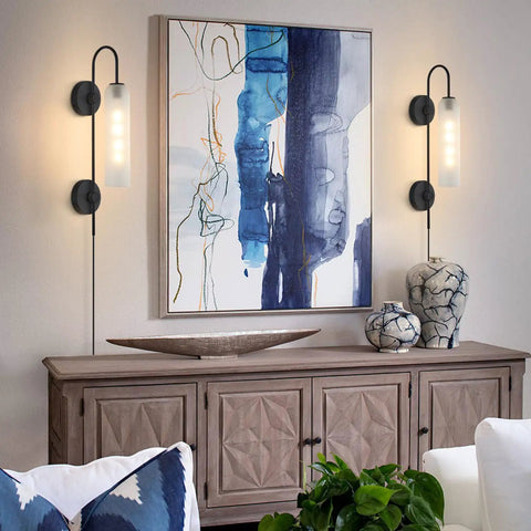 Black Plug In Wall Lights For Bedroom And Living Room, Frosted Milky White Glass Sconce Decor next to modern artwork