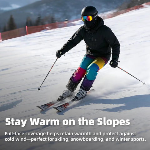 Skier wearing all season balaclava face mask for men and women with UPF 50 plus UV protection on snowy slope, vibrant gear
