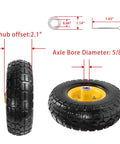Product diagram showing 10 Inch Solid Rubber Wheel Replacement With 5/8 Inch Bearings And 2.1 Inch Offset Hub details