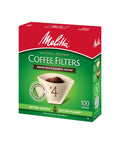 Top Shelf Unbleached Coffee Filters Size Four Fits Eight To Twelve Cup Brewers Deep Flavor Perforations For Bold Morning Kick Compostable And No Sweat Cleanup Pack Of Twelve One Thousand Two Hundred Sheets Solid Brew Gear in a box with micro-perforations.