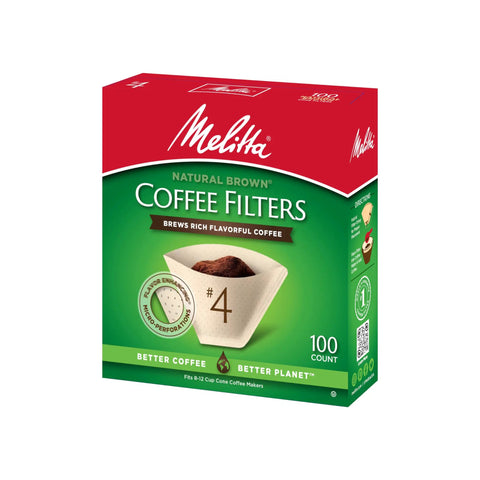 Top Shelf Unbleached Coffee Filters Size Four Fits Eight To Twelve Cup Brewers Deep Flavor Perforations For Bold Morning Kick Compostable And No Sweat Cleanup Pack Of Twelve One Thousand Two Hundred Sheets Solid Brew Gear in a box with micro-perforations.