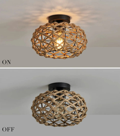 Dope Boho Semi Flush Mount Ceiling Light With Woven Hemp Rope Cage And Rattan Wicker Rustic Charm, on and off view