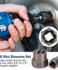 36 Piece Screw And Bolt Extractor Kit With 2 In 1 MultiSpline Lug Nut Remover in use on a vehicle tire