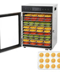Premium Electric Food Dehydrator With Slick Dual Fan Heating On 12 Heavy Duty Stainless Steel Trays drying colorful fruit slices.