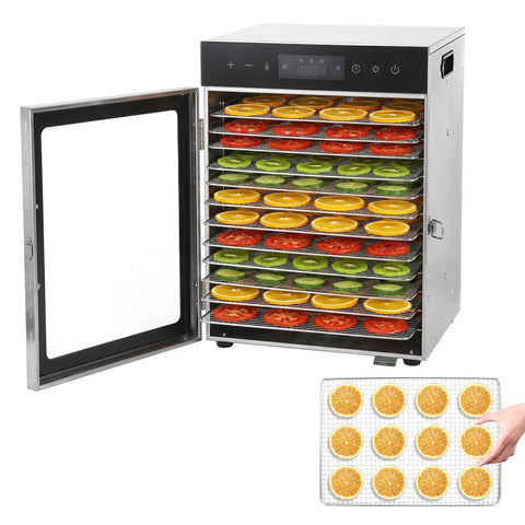Premium Electric Food Dehydrator With Slick Dual Fan Heating On 12 Heavy Duty Stainless Steel Trays drying colorful fruit slices.